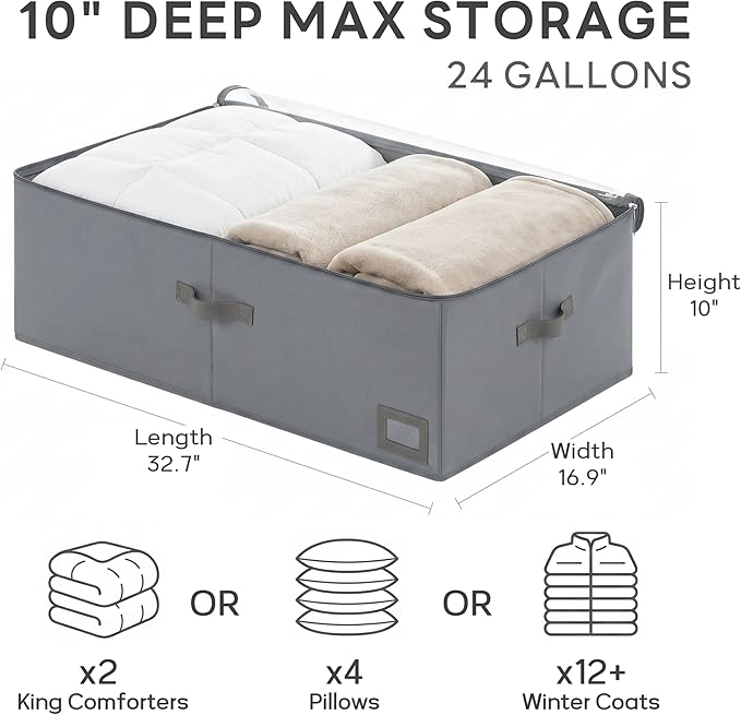 10-Inch Under Bed Storage Containers (3-Pack) | Sturdy Sidewalls | Clear Cover & Label Holder | Foldable Closet Organizer | Stores Clothing/Blankets/Wrapping Paper/Toys