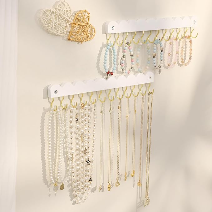 2 Pack Necklace Holder Organizer Wall Mount, Wooden Necklace Hanger Storage Hanging Jewelry Organizer with 12 Hooks for Necklaces, Bracelets, Rings and Bangles Display