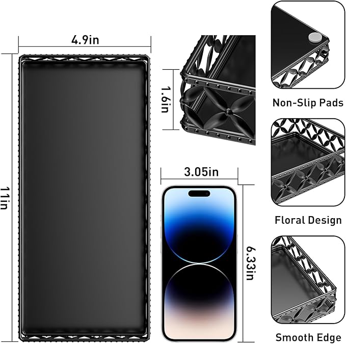 EKNITEY Vanity Tray for Bathroom Counter - Small Rectangle Decorative Tray 11 Inch Black Batroom Countertop Tray Organizer for Perfume Makeup Cosmetic Jewelry