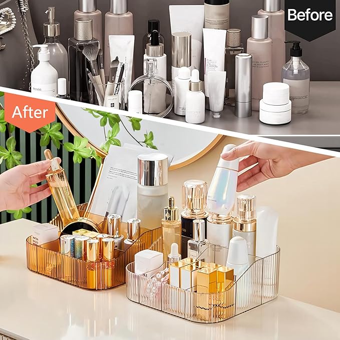 DASITON Large Capacity Makeup Brush Holder,8 Slot Makeup Brush Cup,Vintage striped Make Up Brush Holder,for Vanity Decor,Bathroom Countertops,Desk Storage Container,Cosmetic Display cases(Clear-XL)
