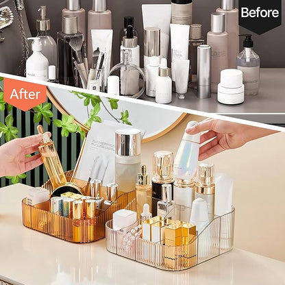 DASITON Large Capacity Makeup Brush Holder,8 Slot Makeup Brush Cup,Vintage striped Make Up Brush Holder,for Vanity Decor,Bathroom Countertops,Desk Storage Container,Cosmetic Display cases(Clear-XL)