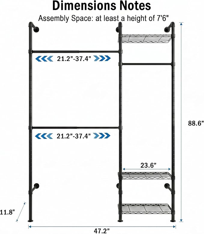 Wall Mounted Closet System – Adjustable Clothing Rack with 2 Expandable Rods & 3 Shelves, Heavy Duty Industrial Pipe Clothes Rack for Closet Organizer and Storage, Black