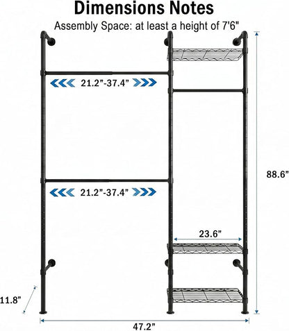 Wall Mounted Closet System – Adjustable Clothing Rack with 2 Expandable Rods & 3 Shelves, Heavy Duty Industrial Pipe Clothes Rack for Closet Organizer and Storage, Black