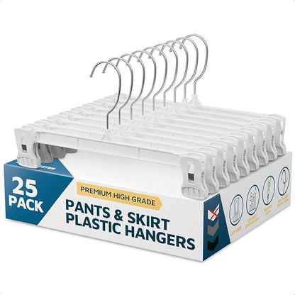 Lifemaster Pants Hangers with Clips Pack of 25, 12-Inch Heavy-Duty Clothes Hangers with Non-Slip Ridged Grip Clips & 360° Swivel Hook, Space-Saving Closet Organizer for Pants, Skirts & Shorts, White
