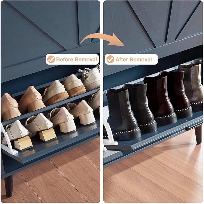 Barnyatoh Shoe Storage Cabinet,Farmhouse Shoe Organizer with 2 Flip Drawers & Barn Door Design,Freestanding Hidden Slim Narrow Shoe Rack Cabinet with Open Storage for Entryway, Foyer,Hallway,Navy Blue