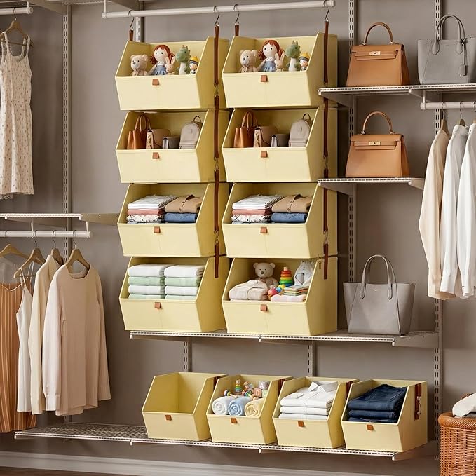 Hanging Closet Organizer 4 Tier 2 Pack with 8 Detachable Bins, Clothes Hanging Shelves, Space-Saving Collapsible Closet Storage System for Bedroom, Dorm, RV, Beige