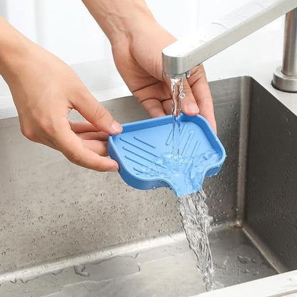 MicoYang Silicone Bathroom Soap Dishes with Drain Spout-Bathroom and Kitchen Sink Organizer,Sponge Holder,Dish Soap Tray,Perfect for Dispenser,Scrubber,Bottle,Cup on Counter Lichen Blue 4.9"×3.2"