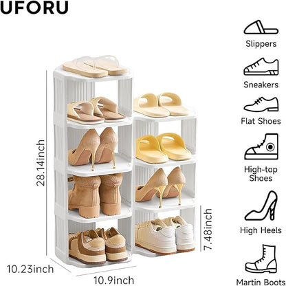 UFORU Vertical Shoe Rack, 9-Tier Plastic Stackable Storage Shelf for Small Closets and Narrow Spaces, Compact Free Standing Shoe Racks for Entryway Bedroom Dormitory