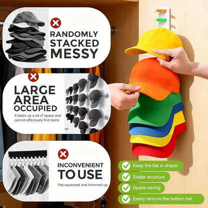 Haiou 2 Pack Hat Organizer for Baseball Caps Strong Adhesive Hat Rack for Wall Multilayer Hat Storage Display Holder Wall Mounted Hat Hooks Hold up to 16 Hats for Closet Door and Bedroom, Multicolor