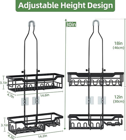 Shower Caddy Hanging Organizer, Extra Large Rack Over Showerhead with Hooks, Adjustable Height Shower Caddy for Big Shampoo Bottle, Black