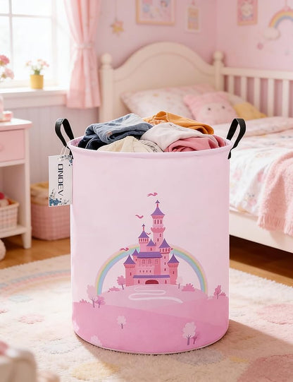 Laundry Hamper, Round Waterproof Storage Basket with Handle, Foldable, Pink Castle, 19.7in(H) x 15.7in(D), for Children's Room and Toy Storage