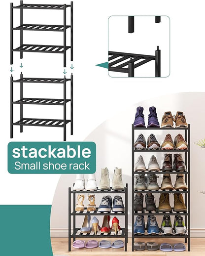 viewcare Small Shoe Rack for Entryway,3-Tier Black Bamboo Shoe Organizer for Hallway Closet, Free Standing Shoe Racks for Indoor Outdoor
