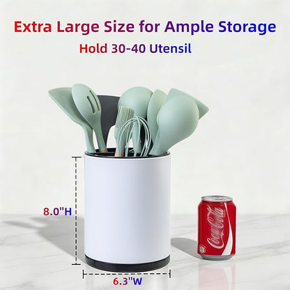 LIBODOUR Kitchen Utensil Holder Extra Large 360°Rotating For Counter Organizer Stainless Steel Storage Cooking Silverware Caddy 3 Compartment Flatware Spoon Spatula Tool Cutlery Container（White）