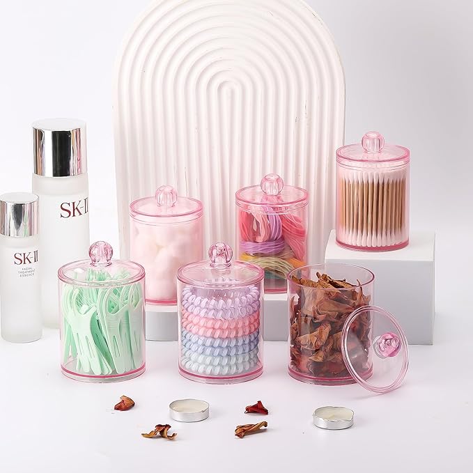 Tbestmax 6 Pack Qtip Holder - 12 oz, 10 oz Bathroom Organizer and Storage Containers, Plastic Apothecary Jars with Lids for Cotton Ball, Cotton Swab, Floss, Pink