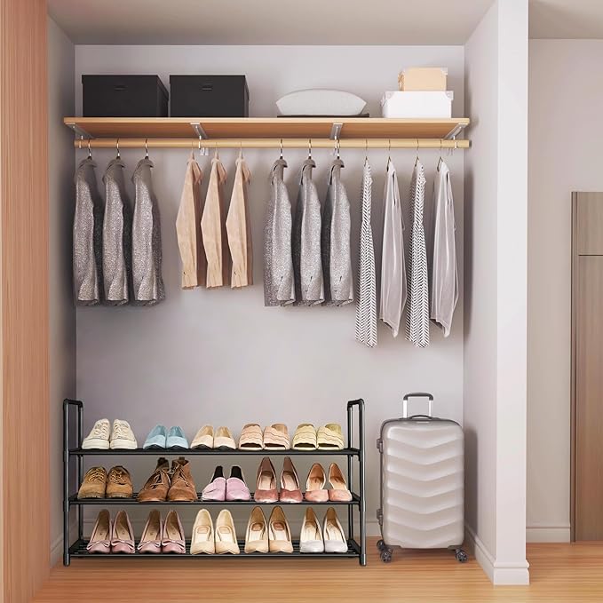 Shoe Rack - Metal Shoe Rack Organizer - Stackable Shoe Storage Shelf for Entryway, Closet, Bathroom 30cm(D) x 92cm(W) x 55cm(H) -Black (3-Tier)