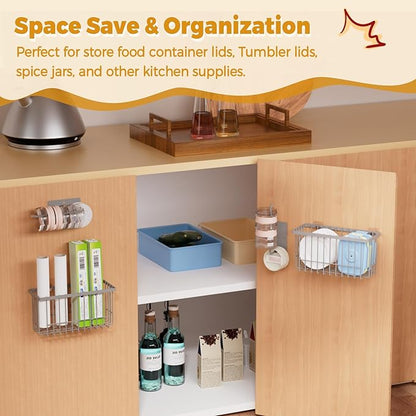 4 Pack Adhesive Cabinet Door Organizer - Tumbler Lid Organizer & Kitchen Storage baskets for Kitchen, Bathroom, Inside Cabinet Door Storage for Cup Lids, Spices, Small Supplies, Space-Saving (Grey)