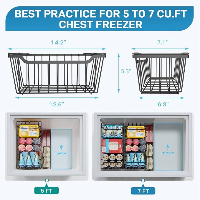 SUNALLY Freezer Organizer Bins, 4 Pack Stackable Chest Freezer Organizer for 5-7 Cu.FT Deep Freezer Sort Frozen Meats and Food, Freezer Storage Baskets with Handles Easy Reach from Bottom, Black