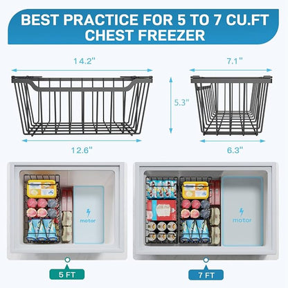 SUNALLY Freezer Organizer Bins, 4 Pack Stackable Chest Freezer Organizer for 5-7 Cu.FT Deep Freezer Sort Frozen Meats and Food, Freezer Storage Baskets with Handles Easy Reach from Bottom, Black