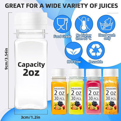 30 Pcs 2oz Small Plastic Shot Bottles with White Caps,Reusable Clear Juice Bottles,Empty Plastic Containers with 10 Funnels for Ginger Shots,Liquids,Beverages