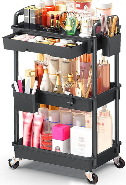 SUNALLY Makeup Cart Organizer with Drawers, Floor Skincare Organizers Vanity Storage Organizer, Rolling Makeup Bathroom Storage Cart Cosmetics Display Cases for Skin Care Perfume Nail Polish, Black