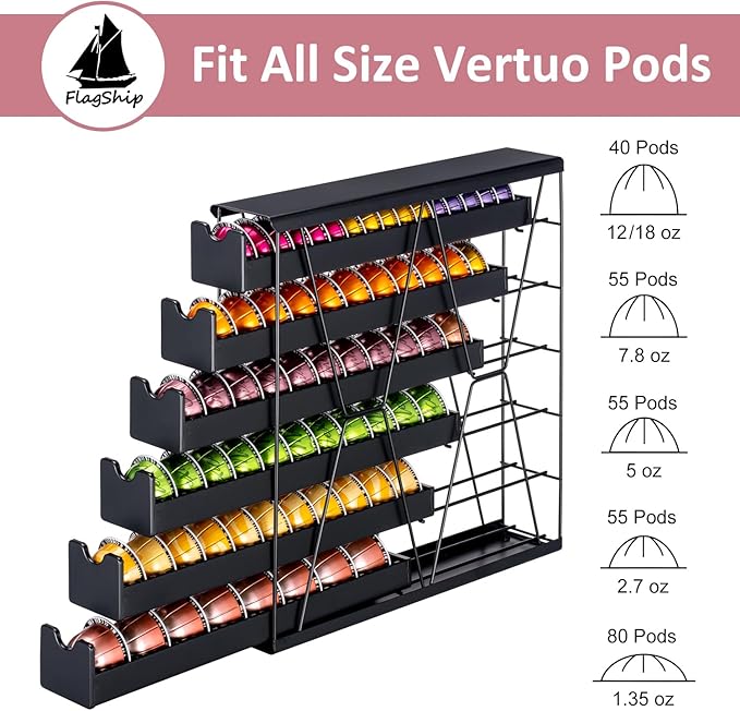 FlagShip 6-Tier Vertuo Pod Holder for Nespresso - 60+ Capsule Max Capacity Metal Rack, Ultra-Efficient Corner Storage Space Saving Design