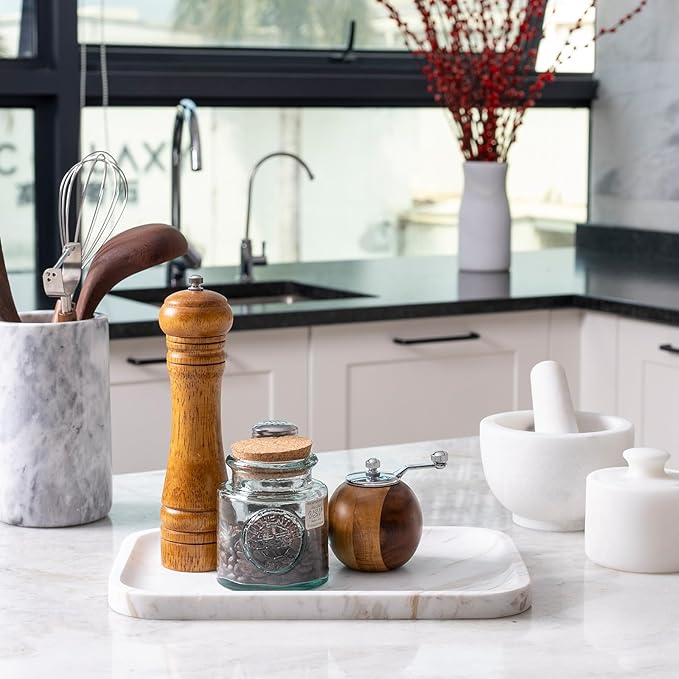 Karibiber Marble Vanity Tray, Marble Bathroom Tray Countertop, Decorative Trays for Dresser Organizer, White Stone Storage Serving Trays for Kitchen, Perfume, Jewelry Cathall Holder, Unique Veining