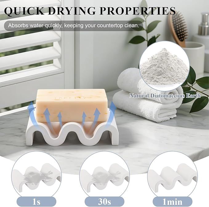 Diatomite Soap Dish Quick Drying Bar Soap Holder Draining Soap Saver Rack Wave Pattern Sponge Tray for Bathroom Sink, Shower, Kitchen, White