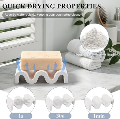 Diatomite Soap Dish Quick Drying Bar Soap Holder Draining Soap Saver Rack Wave Pattern Sponge Tray for Bathroom Sink, Shower, Kitchen, White