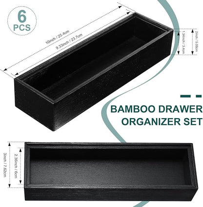 Uiifan 6 Pcs 10 x 3 x 2'' Bamboo Drawer Organizer Black Stackable Utensil Silverware Holder Wooden Tray Drawer Dividers Boxes Spoon Storage Organizer for Kitchen Office Bathroom Cabinet Jewelry