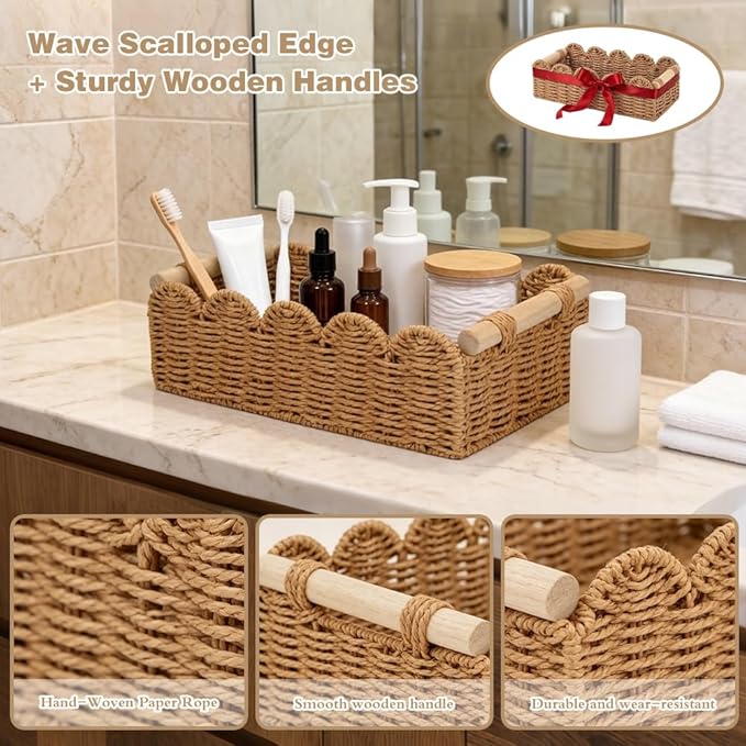 Toilet Basket,Tank Topper,Toilet Paper Basket 2pcs Scalloped Basket Toilet Paper Holder with A Wooden Handle A Cute and Practical Home Decor Item （Includes 2 Decorative Ribbons）
