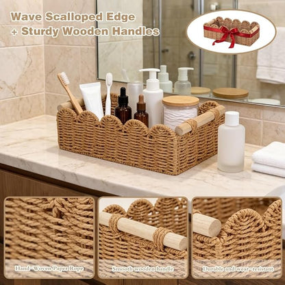 Toilet Basket,Tank Topper,Toilet Paper Basket 2pcs Scalloped Basket Toilet Paper Holder with A Wooden Handle A Cute and Practical Home Decor Item （Includes 2 Decorative Ribbons）