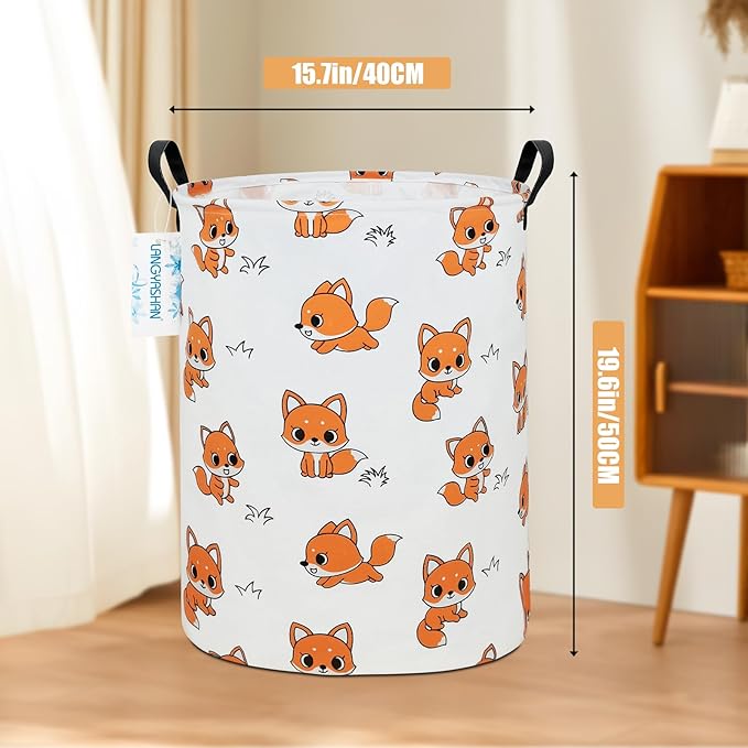 Laundry Basket Canvas Fabric Collapsible Organizer Basket for Storage Bin Toy Bins Gift Baskets Bedroom Clothes Children Nursery Hamper (Round Fox)