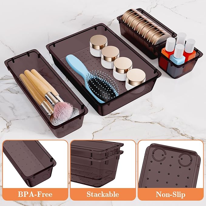 SpaceHacks 25 PCS Plastic Drawer Organizer Set, 4-Size Versatile Organizer Trays & storage Bins for Makeup, Jewelry, and Gadgets in Bathroom, Bedroom and Office,Brown