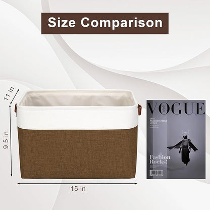 Bagnizer Storage Bins Large Fabric Storage Baskets for Shelves 3 Pack, Decorative Linen Closet Baskets with Handles for Organizing, Shelf, Clothes, Home, Office, 15x11x9.5Inches (Brown&White)
