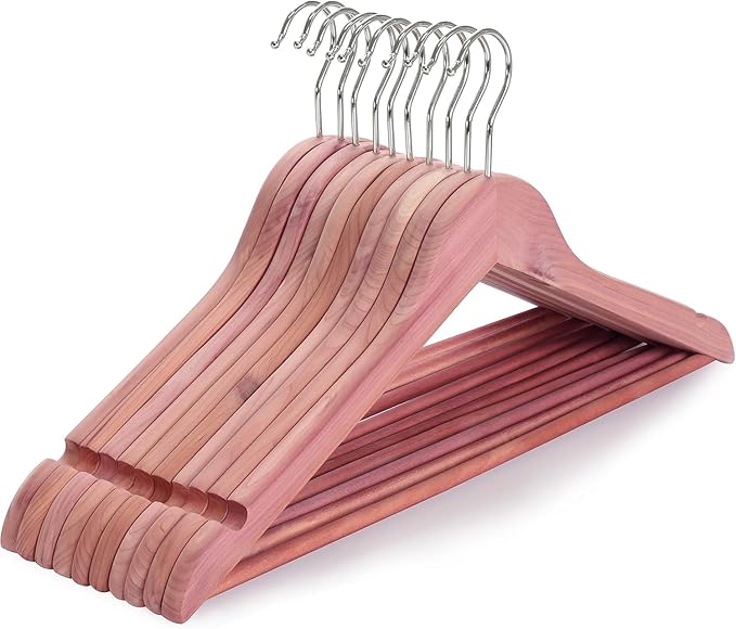 Quality Wooden Clothes Hangers, Solid Wood Suit & Coat Hangers with Pants Bars, Swivel Hook, Shoulder Notches, Heavy Duty Hangers for Shirts, Jackets, Dresses & Trousers(Cedar Wood/12-Pack)