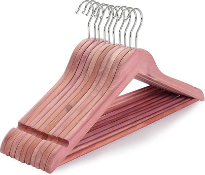 Quality Wooden Clothes Hangers, Solid Wood Suit & Coat Hangers with Pants Bars, Swivel Hook, Shoulder Notches, Heavy Duty Hangers for Shirts, Jackets, Dresses & Trousers(Cedar Wood/12-Pack)