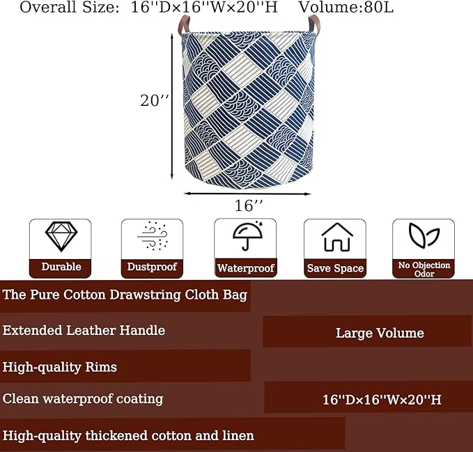 80L Waterproof Laundry Hamper in Family Leather Handle Laundry Basket in Dormitory Collapsible Laundry Bag in Nursery (91-Satisfied laundry hampers)