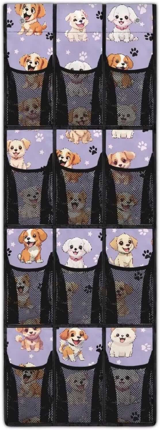 Cute Dogs Over The Door Shoe Organizer Mesh Fabric Door Hanger Organizer for Living Room Space Saving Shoe Holder Hanger Easy to Install Wall Hanging Storage for Closet