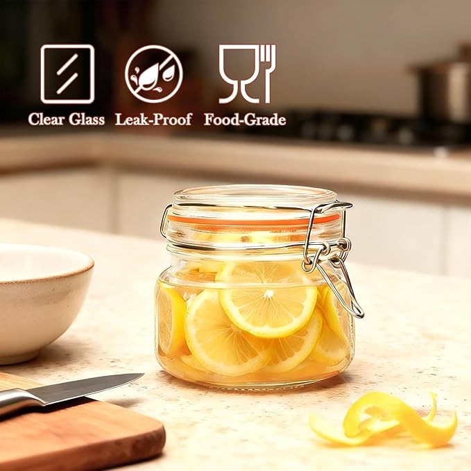 16 oz Glass Jars With Airtight Lids And Leak Proof Rubber Gasket,Wide Mouth Mason Jars With Hinged Lids For Kitchen,Glass Storage Containers 6 Pack