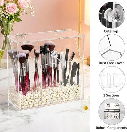 Okllen Makeup Brush Holder with Dustproof Lid, White Pearls, Acrylic Clear Makeup Brush Organizer with 3 Compartment, Large Cosmetic Brush Storage Box Case for Vanity, Bathroom, Bedroom