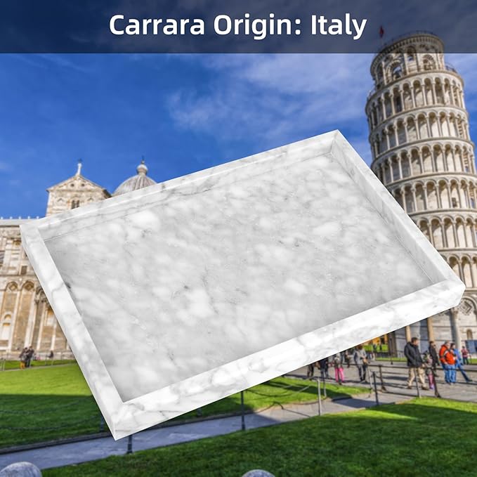 Marble Bathroom Vanity Tray, Natural Luxury Vanity Home Kitchen Bathroom Table Tray, Stone Decorative Countertop Dresser Trays for Key Coffee Perfume Jewelry Makeup (Carrara White, 12"x 8" x1.2")