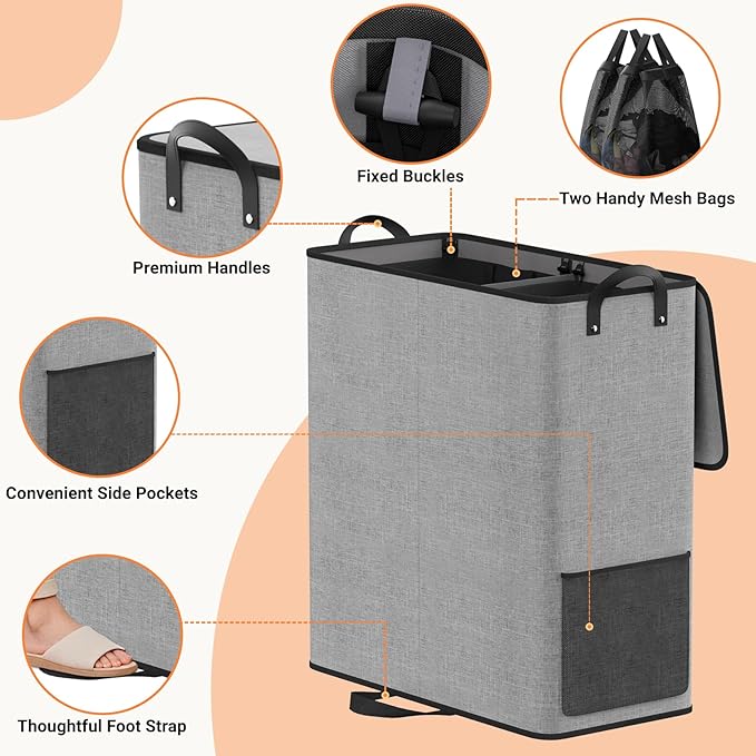 Large Double Laundry Hamper with Lid, Removable Bags & Reinforced Handles, 2 Section Tall Laundry Basket, Dirty Clothes Hampers for Laundry Room, Bedroom, Bathroom, Dorm, 136L, Gray