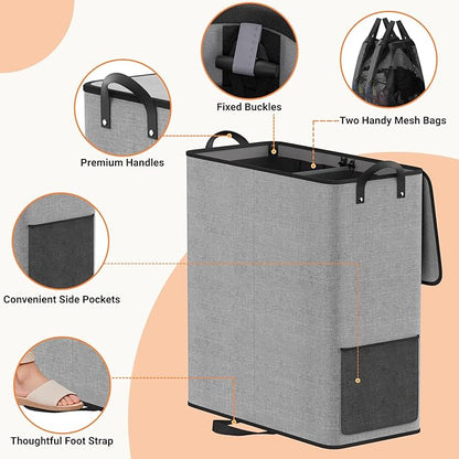 Large Double Laundry Hamper with Lid, Removable Bags & Reinforced Handles, 2 Section Tall Laundry Basket, Dirty Clothes Hampers for Laundry Room, Bedroom, Bathroom, Dorm, 136L, Gray