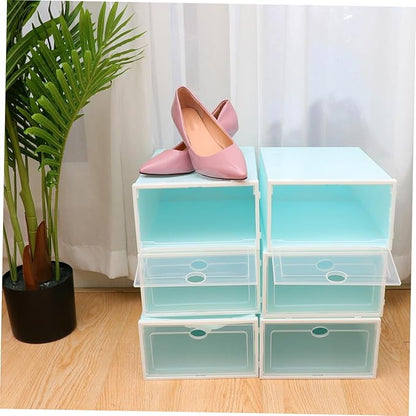Luxshiny 6PCS Thickened Transparent Stackable Shoes Storage Boxes with White Frame for Women Plastic Shoe Containers for Closet Organization and Under Bed Storage
