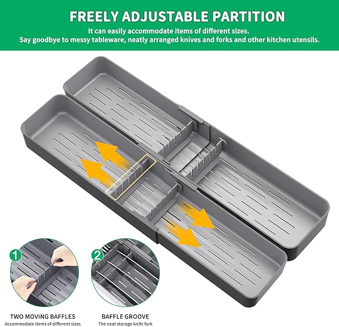Kitchen Drawer Silverware Organizer, Adjustable Cutlery Organizer, Expandable Utensils Holder, Silverware Dividers Tray, Storage for Flatware, Large Drain Board (Gray,2 Sets)