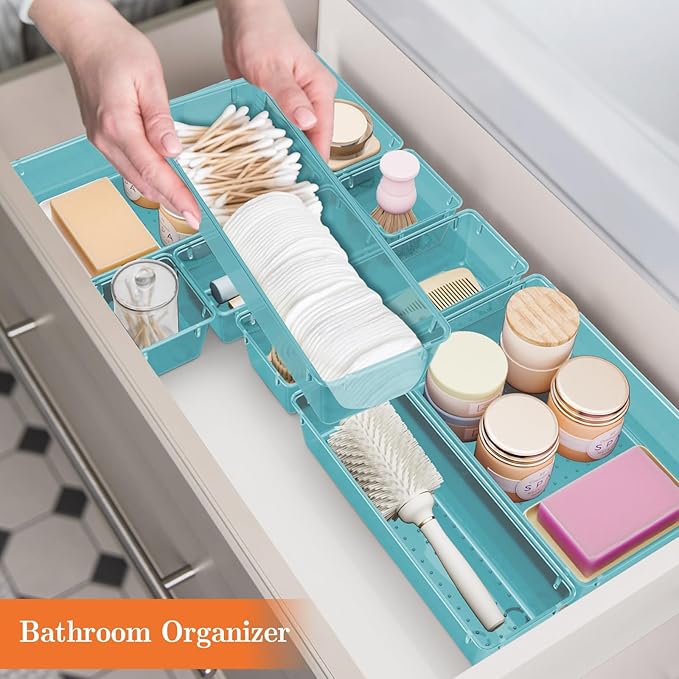 SpaceHacks 25 PCS Plastic Drawer Organizer Set, 4-Size Versatile Organizer Trays & Storage Bins for Makeup, Jewelry, and Gadgets in Bathroom, Bedroom and Office, Sea Blue