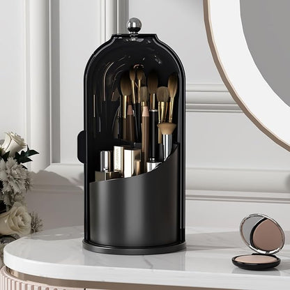 YOOLENS Makeup Brush Holder with Lid 360 Rotating Clear Dustproof Make Up Organizers for Vanity Bathroom Countertop, All Black
