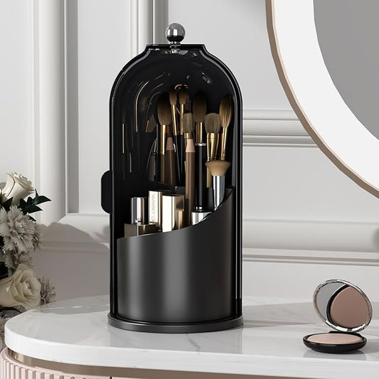 YOOLENS Makeup Brush Holder with Lid 360 Rotating Clear Dustproof Make Up Organizers for Vanity Bathroom Countertop, All Black