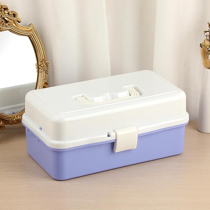 Hipiwe 3-Layer Plastic Storage Box 12.8" Multipurpose Craft Organizers with Dividers & Handle, Hair Accessories Organizer Folding Craft Tool Case Portable Tackle Box for Sewing Art Cosmetic, Purple