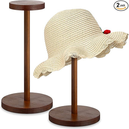 Chunful 2 Pieces Hat Display Stand Rustic Wood Hat Rack Holder Stand Vintage Wig Holder Jewelry Display Riser Helmet Organizer Storage for Home (Antique Brown)